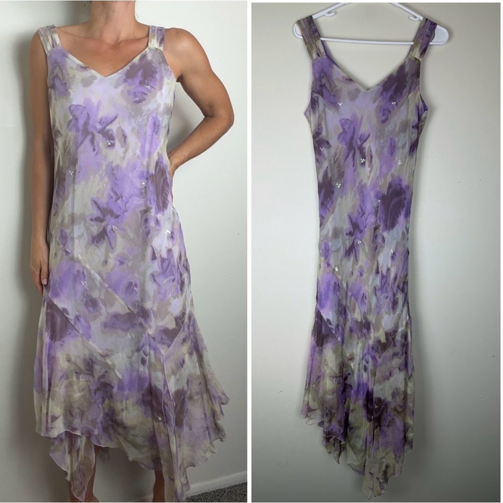 Vintage 90s Y2K Jonathan Martin Purple Silk Floral Sequin Fairy Dress 12P
